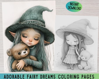 Fairy and Animals Coloring Pages for Adults, Fantasy Art (PDF)