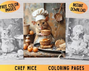 Chef Mouse Coloring Pages, Fantasy Grayscale Coloring (Digital Download)
