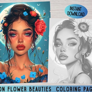 Moon Flower Beauty, Adult coloring pages, Grayscale coloring, Woman coloring page, Portrait coloring, Women coloring pages, Flowers Coloring