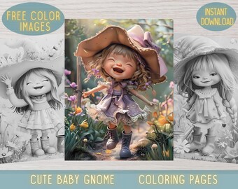 Gnome Coloring Book, Grayscale Fantasy Floral Art (Digital Download)