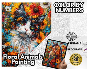 Floral Animal Paint by Number Pages, Adult Coloring (PDF & PNG)