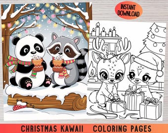 May include: A black and white panda, a grey raccoon, a reindeer, and a fox wearing a Santa hat are featured in this Christmas colouring page. The animals are holding mugs of hot chocolate and gifts. The background includes a fireplace, a Christmas tree, and a snowy forest.