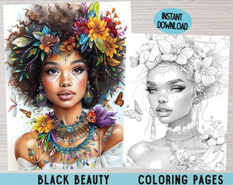 Afro Black Woman Coloring Book For Adults, Black Beauty (PDF Pattern)