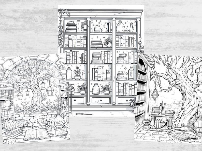 Enchanted Library Grayscale Coloring Pages, Fantasy Coloring Book ...