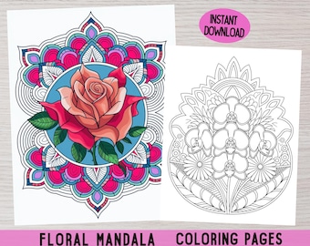Dibujos de mandalas florales para colorear / Libro para colorear para adultos imprimible (descarga digital)