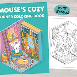 Mouse Coloring Pages - Cute Pocket Rooms, Cozy Corners, Adorable Mice Coloring Book for Adults, Relaxing coloring, Isometric coloring