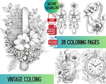 Vintage Flower Coloring Pages: Antique Jewelry & Perfume (PDF Download)