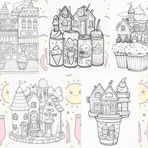 May include: Black and white line art illustrations of whimsical buildings, cupcakes, and beverages. The images include detailed drawings of shops, houses, and drinks, perfect for coloring or creative projects. The overall theme is a sweet, fantasy world.