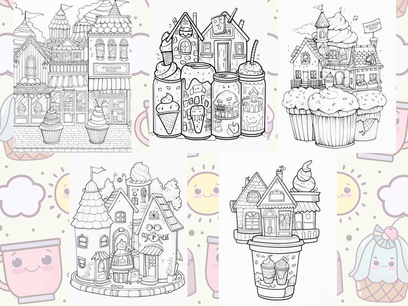 May include: Black and white line art illustrations of whimsical buildings, cupcakes, and beverages. The images include detailed drawings of shops, houses, and drinks, perfect for coloring or creative projects. The overall theme is a sweet, fantasy world.