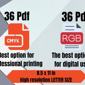 K&ouml;nnte beinhalten: Zwei rote Dokumentikonen mit Text, eine mit der Aufschrift "36 Pdf CMYK Beste Option f&uuml;r professionellen Druck" und die andere mit der Aufschrift "36 Pdf RGB Die beste Option f&uuml;r den digitalen Gebrauch". Beide Symbole befinden sich auf einem wei&szlig;en Hintergrund mit einem roten Banner unten, auf dem "8,5 x 11 Zoll Hohe Aufl&ouml;sung BRIEFGR&Ouml;SSE" steht.