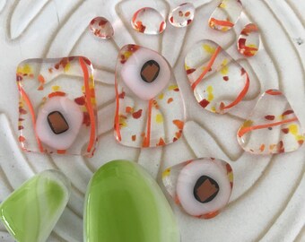 Willow Glass Kilnformed Mosaic Pieces Pink Frit Clear Stringers Lot of 12 Glass Puddles Cabs Fused Glass Cabochons Puddles Dee Tilotta