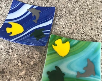 Fused Glass Dish Ocean Creatures, Choice Designs, Home Decor, Dolphin Turtle Fish Ocean Waves Blues Aqua. Willow Glass, Dee Tilotta Designs