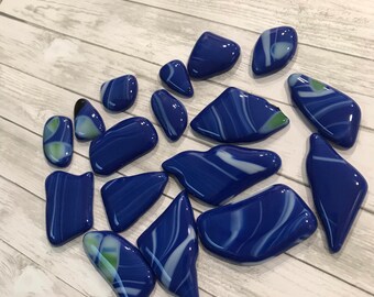 Fused Glass Cabochons Puddles, Royal Blue Lot of 17, Glass Puddles Cabs, Mosaic Supplies, Kilnformed, Willow Glass, Dee Tilotta Designs