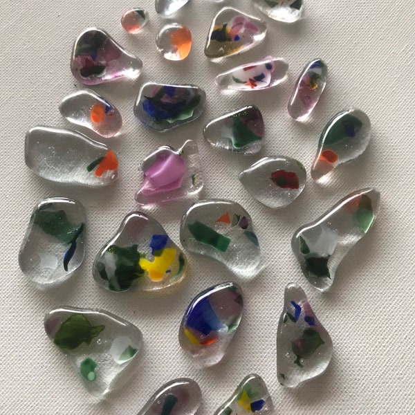 SALE Fused Glass Cabochon Puddles, Clear with Colorful Shards Frit, Freeform Lot of 25 Clear Cabochons, Willow Glass, Dee Tilotta Designs