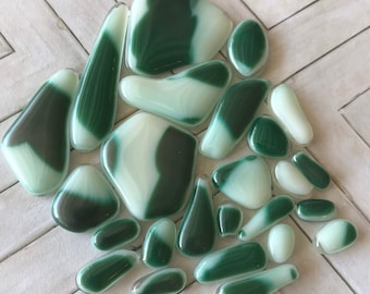 Fused Glass Puddles Cabochons, Lot of 25 Green White Glass Cabs Puddles, Willow Glass, Dee Tilotta Designs, Kilnformed Mosaic Supplies