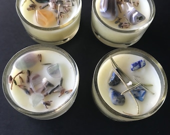 Set of 4 Tealight Candles in Glass Holders with Crystals, Stones, and Drieds, Wiccan Goddess Altar, Limited Edition, Dee Tilotta Designs