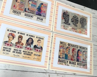 4 Strong Women Cards 5"x7" inc. Kahlo, Ginsberg, Obama, Angelou, Parks, Handmade Cards Create Dissent Speak, Set Cards, Dee Tilotta Designs