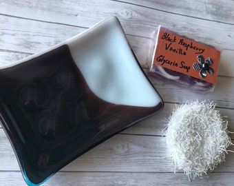 Fused Glass Soap Dish, Black White Purple Moon by Willow Glass, Home Decor, OOAK, Bathroom, Kitchen, Glass Tray, Dee Tilotta Designs