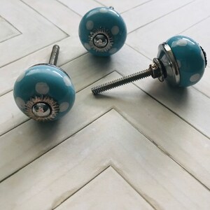 May include: Three round cabinet knobs with a light blue finish and white polka dot pattern. Each knob features a central silver-colored metal cap with a sunburst-style edge and a threaded metal bolt extending from the back for installation.