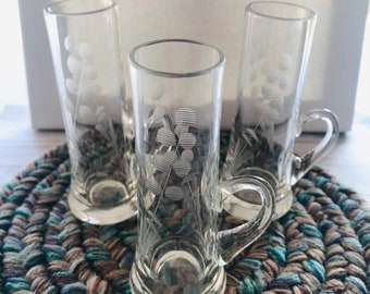 REDUCED SALE 3 Vintage Tall Shot Glasses, Vintage Glasses Set of 3 Clear Etched Leaf Design 4.25 Inches, Retro Drinks Glassware