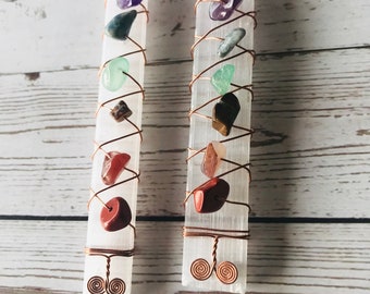 7 Chakra Healing Selenite Stick, Natural Crystal Chip Stone Wand, Copper Wire Wrapped, Meditation, Charging, Clearing, Meditation, Yoga