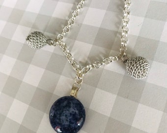 Fused Glass Pendant with Side Beads on Silverplated 18" Rollo Chain OOAK, Willow Glass, Dee Tilotta Designs, Blue Jean Baby Charm Necklace