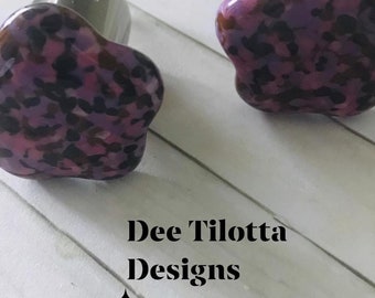 2 Fused Glass Cabinet Knobs with Hardware, Flower Posies in Pink Purple Berries,  Willow Glass, Dee Tilotta Designs