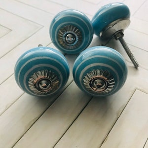 Ceramic Cabinet Knobs with Hardware Set of 4, Cottage Style Powder Blue with White Stripes, Clearance Sale Furniture Accessories, Home Decor