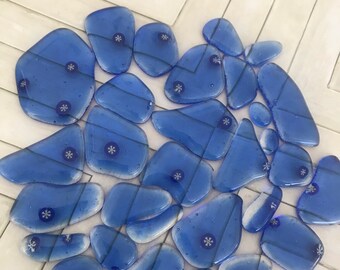 CLEARANCE SALE Fused Glass Cabochons Puddles, 31 Blue some Snowflake Millefiore Glass Cabs, Willow Glass, Glass Puddles, Dee Tilotta Designs