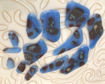 Fused Glass Cabochons Puddles, Brown Eyes Blue Lot of 13, Glass Puddles Cabs, Mosaic, Willow Glass, Dee Tilotta Designs