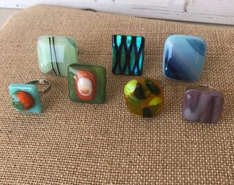 Fused Glass Rings Wholesale Lot, Glass Jewelry, 7 Assorted Glass Rings, Clearance Closeout Accessories Sale, Willow Glass, Dee Tilotta