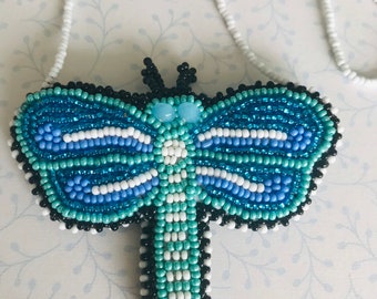 Beaded Butterfly Amulet Necklace in Blues Black Purple on Long White Seed Bead Chain, Open Top Lined Beaded Amulet, CLOSEOUT CLEARANCE SALE