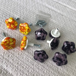 Fused Glass Cabinet Knobs with Hardware, Flower Posies in Sunshine Yellow Orange OR Purples, Willow Glass, Dee Tilotta Designs