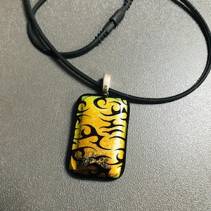 Dichroic Fused Glass Pendant on Cord in Thorns Gold and Black,  Dichroic Jewelry, Dee Tilotta Designs, Willow Glass