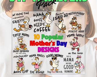 Paquete de transferencias DTF Mama Goose, paquete DTF para mamás, transferencia térmica para el Día de la Madre, impresiones DTF listas para prensar, diseños directos a la película
