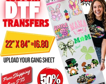 Hojas de transferencia DTF de 22x84", hojas de transferencia DTF personalizadas a granel, listas para prensar, transferencia directa a película, impresión térmica personalizada