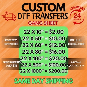 May include: Orange background with text: "CUSTOM DTF TRANSFERS GANG SHEET". Includes pricing for various sizes, such as 22 x 10 inches. Additional text: "BEST PRICE", "FULL COLOR", "HIGH QUALITY", and "SAME DAY SHIPPING".
