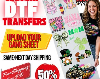 Transferencias de hojas DTF personalizadas, listas para imprimir, transferencias de calor a todo color personalizadas, impresión de logotipo personalizado
