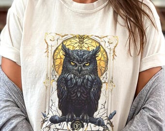 Vintage Halloween Owl Shirt Women Tee Oversized Unisex Clothing Tarot Card Dark Academia Gothic Cottagecore Aesthetic Clothes Witchy Autumn