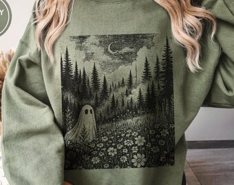 Ghost Cotton Tee Halloween Wildflower Shirt Women Casual Work Outfit Graphic Design Spooky Floral Top October Party Clothing Kids Sweatshirt