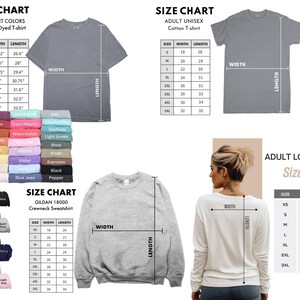 Op de afbeelding: Een verzameling maattabellen voor kleding, waaronder een Comfort Colors t-shirt, een unisex katoenen t-shirt en een Gildan 18000 sweater met ronde hals. De afbeelding toont diverse kleurstalen en maattabellen in inches voor elk kledingstuk.