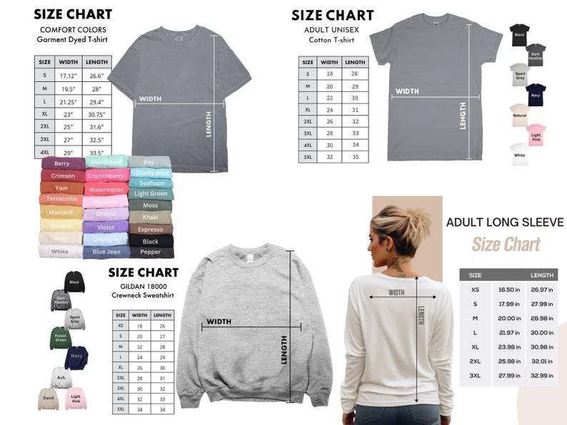Op de afbeelding: Een verzameling maattabellen voor kleding, waaronder een Comfort Colors t-shirt, een unisex katoenen t-shirt en een Gildan 18000 sweater met ronde hals. De afbeelding toont diverse kleurstalen en maattabellen in inches voor elk kledingstuk.