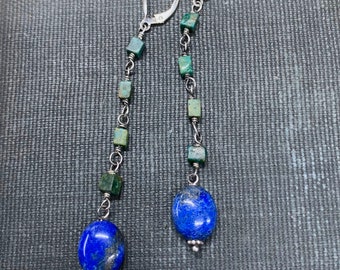 Turquoise and Lapis long Earrings by Anne More Jewelry. Blue Gemstone