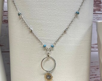 Turquoise Chain Sterling Silver Necklace with Flower Charm by Anne More Jewelry