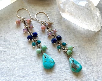 Turquoise Multi Stone Cascade Long Sterling Silver Earrings by Anne More Jewelry colorful Gemstones