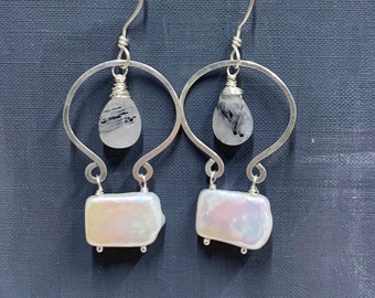 Rectangle Pearl and Tourmilated Quartz Sterling Silver Earrings by Anne More Jewelry