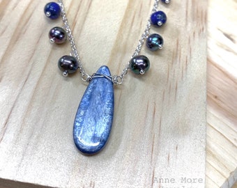 Blue Kyanite, Peacock Freshwater Pearls and Lapis Lazuli Sterling Silver Necklace by Anne More Jewelry