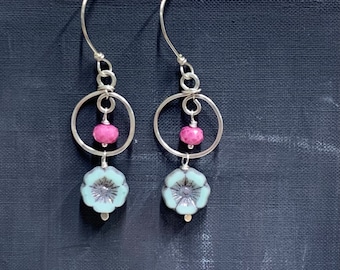 Flower Earrings Pink Silverite and Blue Glass by Anne More Jewelry