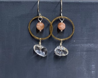Sunstone and Quartz Crystal Orbit Earrings by Anne More Jewelry