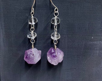 Raw Amethyst Nugget and Quartz Crystal  Sterling Silver Earrings by Anne More Jewelry